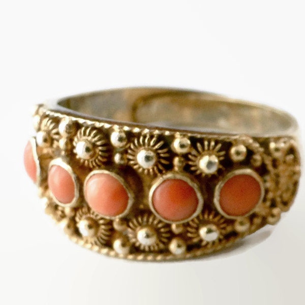 Angelskin coral ring. Chinese export. Vintage filigree. gold silver
