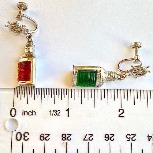 Vintage, His Lordship, nautical, starboard shops and port, red, green, sterling silver lantern earrings.