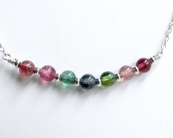 AAA, Tourmaline Necklace. Bar necklace, sterling silver choker, 16", Multi color gemstone