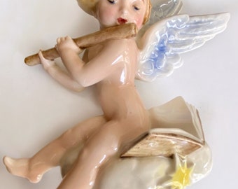 Baby shower, nursery decor.Porcelain Angel wall plaque Wein Keramous, Austria