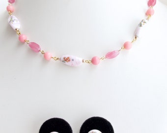 Japanese Millefiore necklace, earrings set, Mid-century, Soft pinks. Japan,  millefiori, art glass beads.