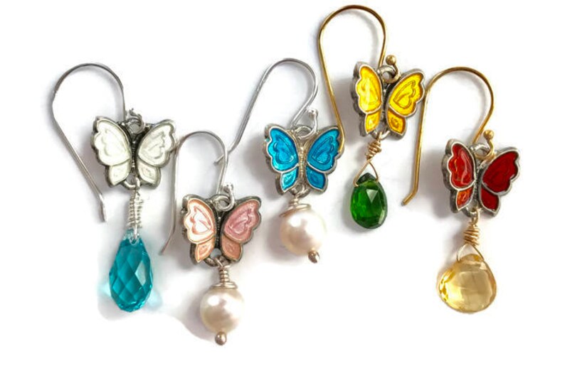 ONE pair Pearl Butterfly earrings Sterling,enamel Vintage chrome diopside. gemstone Scandinavian topaz Meka