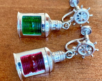 Vintage, His Lordship, nautical, starboard and port, red,  green, sterling silver lantern earrings.