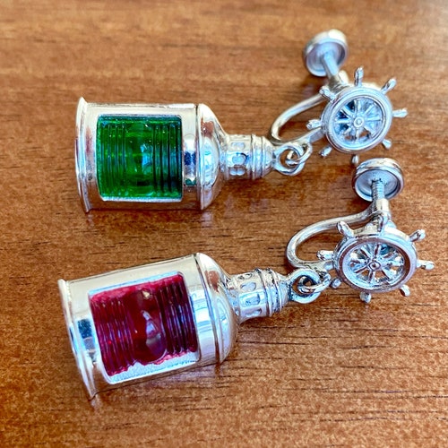 Vintage, His Lordship, nautical, starboard shops and port, red, green, sterling silver lantern earrings.