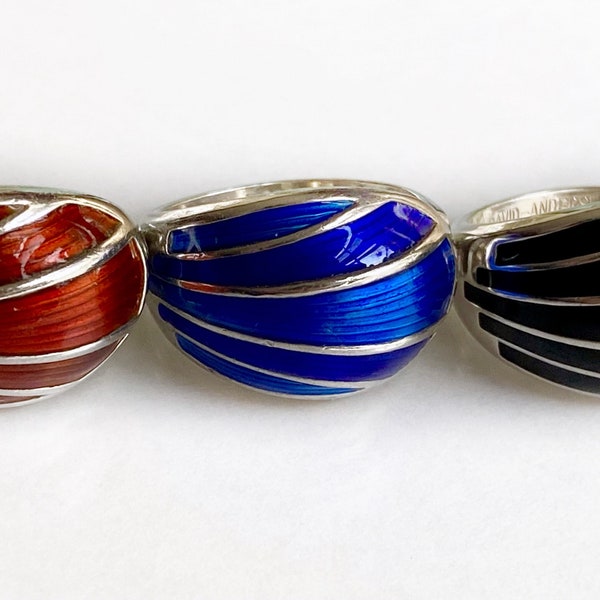 David Andersen rings, Norway sterling, Scandinavian jewelry,red-orange, Black enamel. Cobalt blue. Price is for one ring .