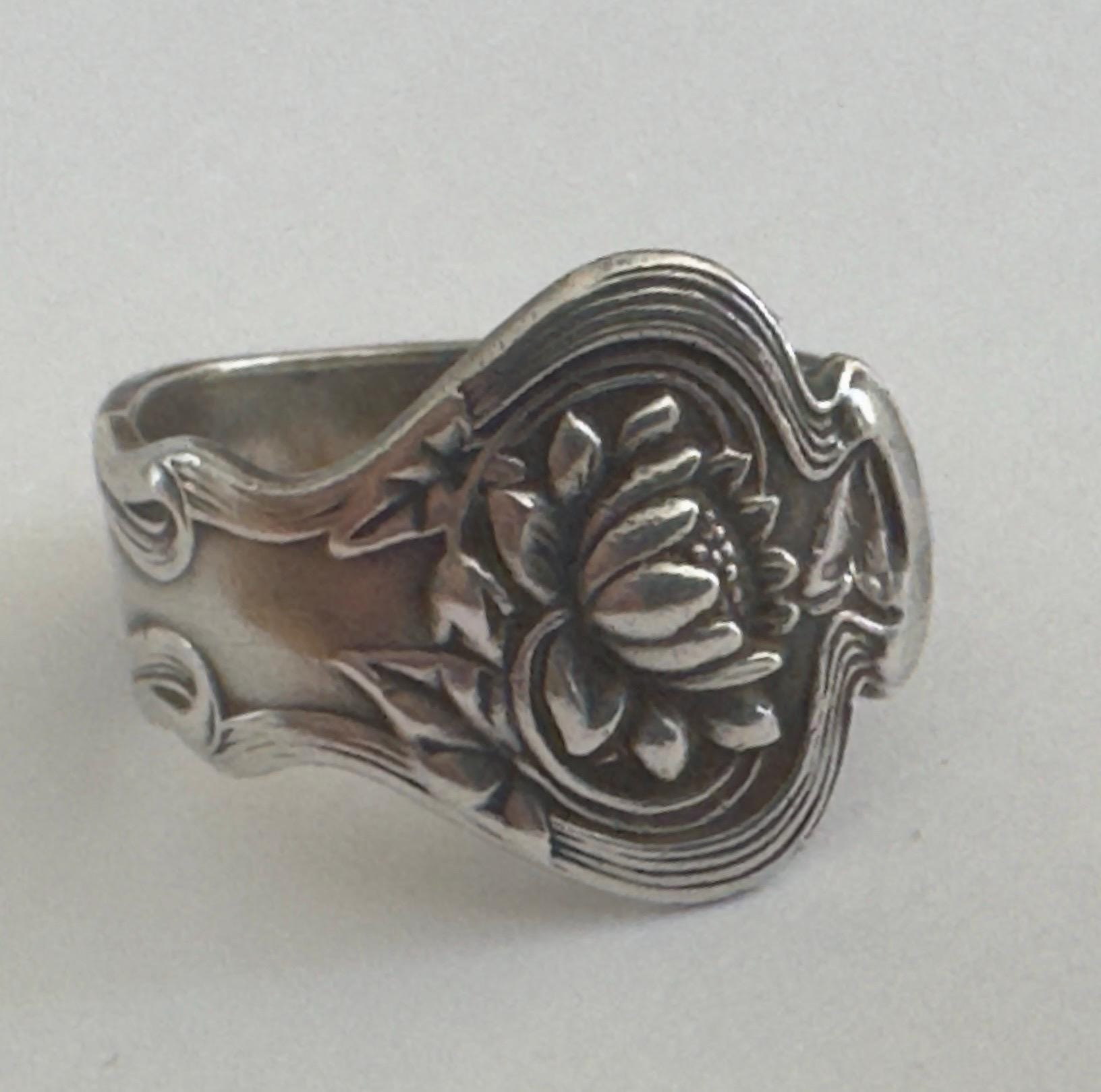Antique sterling silver spoon ring. Water Lily, lotus. Statement.