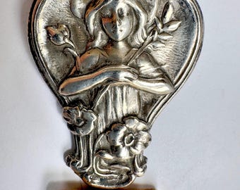 Art Nouveau brooch, pin, woman with flowers, flowing hair, sterling silver. Goddess, maiden, girl