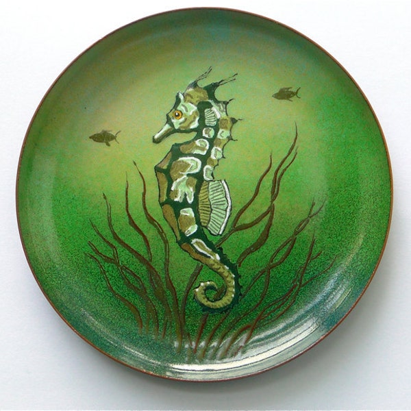 RESERVED Seahorse plate dish. Nekrassoff. Enamel on Copper. Mid-centruy