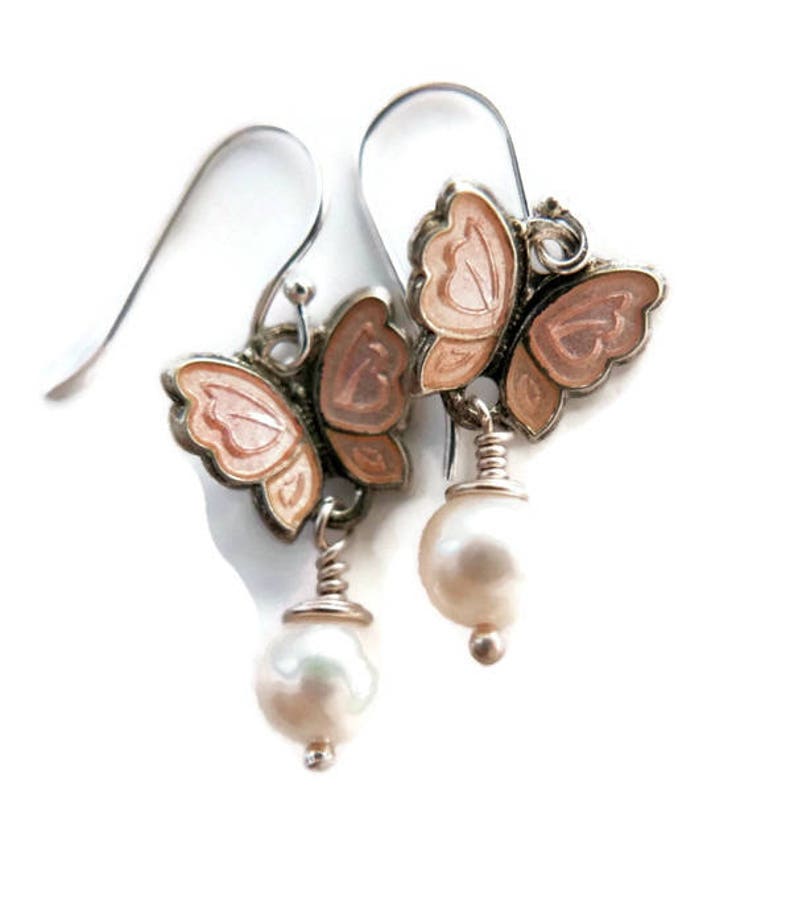 ONE pair Pearl Butterfly earrings Sterling,enamel Vintage chrome diopside. gemstone Scandinavian topaz Meka