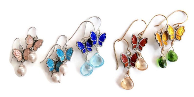 ONE pair Pearl Butterfly earrings Sterling,enamel Vintage chrome diopside. gemstone Scandinavian topaz Meka
