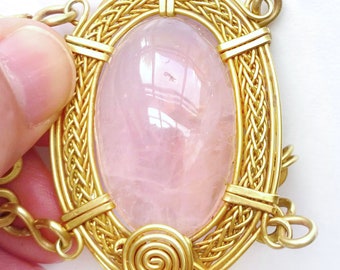 Pink quartz, wire wrapped bracelet, Statement piece,  Large oval, unique design