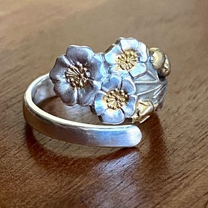 Cherry Blossom spoon ring, Japanese, 950 sterling silver, 18k gold wash, Wild roses , Wako.