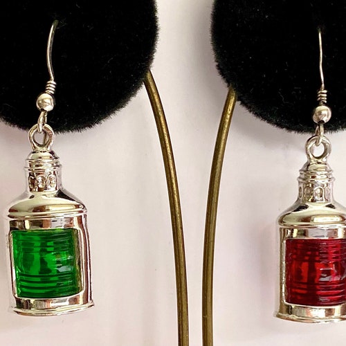 Vintage, His Lordship, nautical, starboard shops and port, red, green, sterling silver lantern earrings.