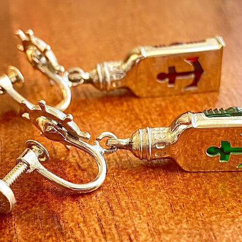 Vintage, His Lordship, nautical, starboard shops and port, red, green, sterling silver lantern earrings.