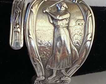 female golfer spoon ring, lady golfer, golf ring, antique,Sterling silver Victorian lady