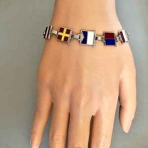 Nautical bracelet Signal code Flag,Sweetheart, Art Deco. Sterling silver, enamel.