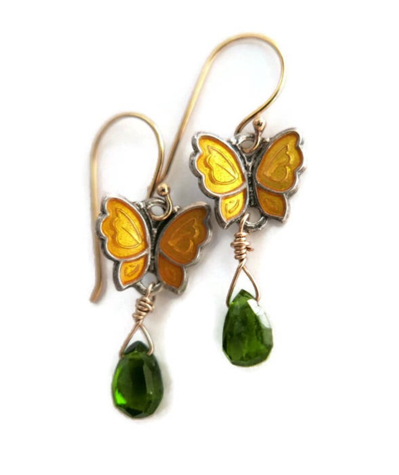 ONE pair Pearl Butterfly earrings Sterling,enamel Vintage chrome diopside. gemstone Scandinavian topaz Meka