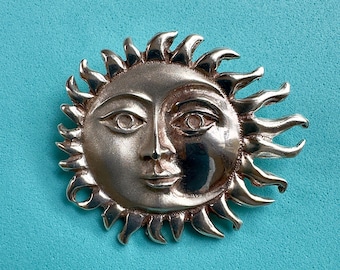 Vintage Mexican Silver Sun & Moon Pendant Brooch – TM-90 Taxco 