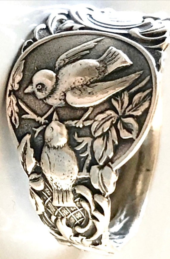 Mother, Baby Birds Nest spoon ring. Sterling silve