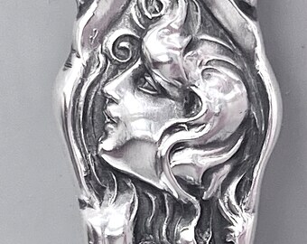 Art Nouveau spoon ring Unger Bros, 2 maidens, women, ladies Sterling Silver, Les Circes , Antique