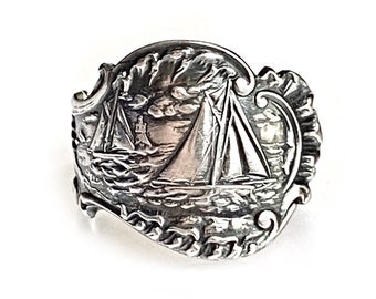 Antique nautical spoon ring. Sailing,sailboat,lighthouse. Sterling silver.