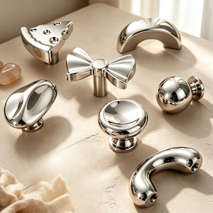 Modern Silver Cabinet Knobs, Whimsical Drawer Pulls, Unique Furniture Hardware, Shiny Metal Dresser Handles, Kitchen Cupboard Hardware Gift