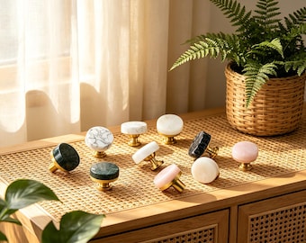Tiradores redondos de piedra natural para armarios, herrajes de latón macizo para muebles, elegantes tiradores para cajones para la decoración del hogar, un regalo ideal para inauguración de casa.