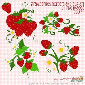 Strawberry Clip Art, Strawberry Digital Borders, Digital Download Strawberries Cliparts, Cute Clip Art, Digital Scrapbook Elements, Cliparts