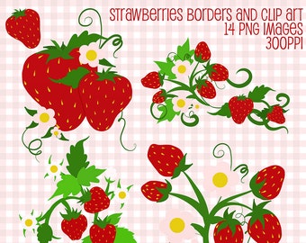 Strawberry Clip Art, Strawberry Digital Borders, Digital Download Strawberries Cliparts, Cute Clip Art, Digital Scrapbook Elements, Cliparts