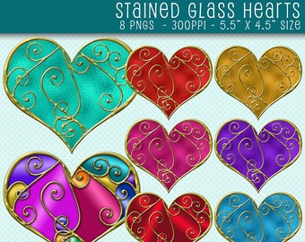 Stained Glass Hearts Clip Art, Hearts Graphics, Hearts Clipart, Stained Glass Look Clip Art, Digital Scrapbooking, Digital Download, Clipart