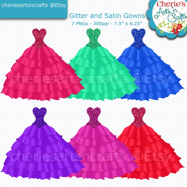 Glitter and Satin Gowns Clip Art, Quinceanera Gowns Clip Art, Gowns Clip Art, Dresses Clip Art, Ball Gowns Clip Art, Glitter Satin Clip Arts