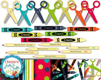 Coloring Crayons, Scissors, Watercolor Pencils Clip Art and Digital Backgrounds, School Clip Art, Coloring Clip Art, School Supplies Clipart