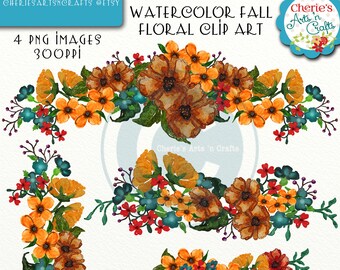 Watercolor Fall Floral Swags Clip Art, Floral Graphics, Digital Downloads, Digital Scrapbooking Elements, Floral Cliparts, Autumn Flower Art