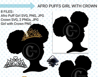 Afro Puffs Little Girl With Gold Crown Silhouette | SVG PNG JPG | Designer Resources | Die Cutting | Cute Little Girl with Crown Clip Art