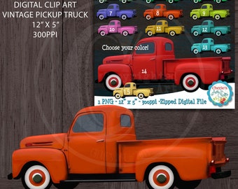 Orange Color Vintage Pickup Truck | Designer Resources | Old Fashioned Truck Graphic | Vintage Pickup Truck Clip Art | PNG Digital Clip Art
