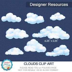 Clouds Clip Art | Pale Blue Poofy Painted Clouds Graphics | Digital Art | Designer Resources | Blue Clouds Cliparts | Digital Clip Art Cloud