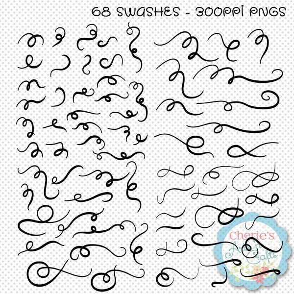 68 Swashes | Decorative Font Swashes | Curls and Swirls Font Swashes | PNG Swashes | Font Flourishes | Typographical Flourishes | Serif