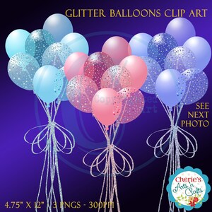 Glitter Balloons Clip Art | Bunch of Balloons Graphics | Pink, Light Blue and Lavender Balloons Clipart | Designer Resources | Zipped Files