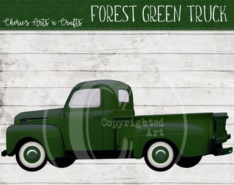 Forest Green Vintage Pickup Truck | Designer Resources | Old Fashioned Truck Graphic | Vintage Pickup Truck Clip Art | PNG Digital Clipart