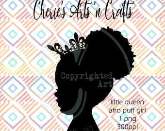 Little Queen Afro Puff Girl | Black Silhouettes | PNG File Generous Size | Little Girl and Crown | Silhouette Clip Art | Afro Puff Clipart