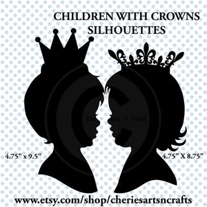 Children With Crown Silhouettes, Children Clip Art, Little Boy With Crown Silhouette, Little Girl With Crown Silhouette, Digital Downloads