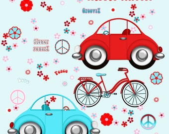 Car Clip Art, Hippie Wheels Graphics, Peace, Love, Groovy, Hippie Clip Art, Flowers, Cars, Bicycle Clip Art, Red Bike, Red Car, Aqua Car