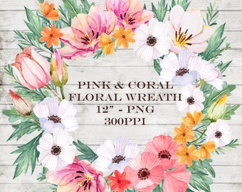 Pink and Coral Floral Wreath | PNG Watercolor Flower Wreath | Generously Sized and Fine for Sublimation Printing | Flower Clip Art Graphics