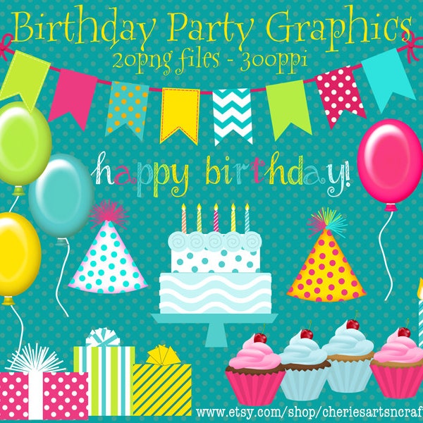 Birthday Party Clip Art Set, Birthday Graphics, Birthday Bunting Clipart, Birthday Cake Clipart, Cute Clipart, Balloons Clipart, Birthday