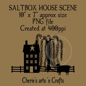 Prim Saltbox House Silhouette: Willow Tree, Sheep (PNG Digital Download)