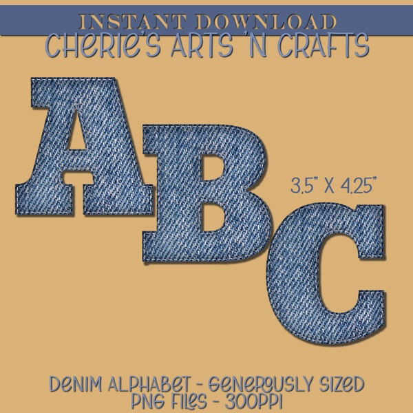 Blue Denim Block Letters Alpha with Stitching | Faux Fabric | Alphabet Graphics Capital Letters | 26 PNG Files | Generously Sized Clipart