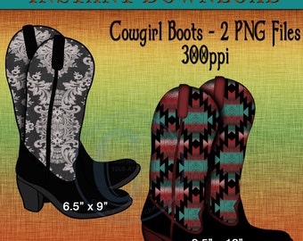 Western Style Cowgirl Boots Clip Art | Generously Sized PNG Files | Fine for Sublimation Printing | Southwestern and Leather and Lace Boots