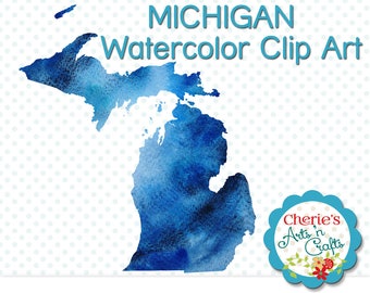 Michigan Watercolor Clip Art | PNG Clip Art | Michigan Silhouette with Blue Watercolor Background | Designer Resources | States Clip Arts