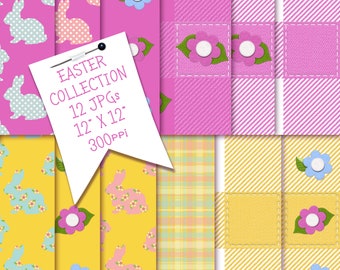 Easter Digital Papers | Digital Background Patterns | JPG Repeat Patterns Seamless Easter Bunnies Plaid and Flowers | Fine For Sumblimation