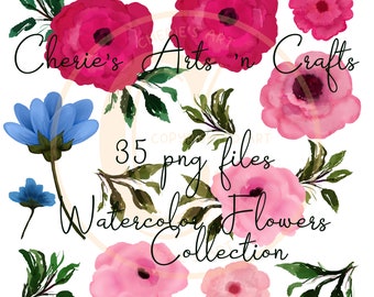 Flowers Collection | Watercolor Flowers | Berries Branches Pink Flowers Blue Flowers | PNG Files Generously Sized | Sublimation Printing Art